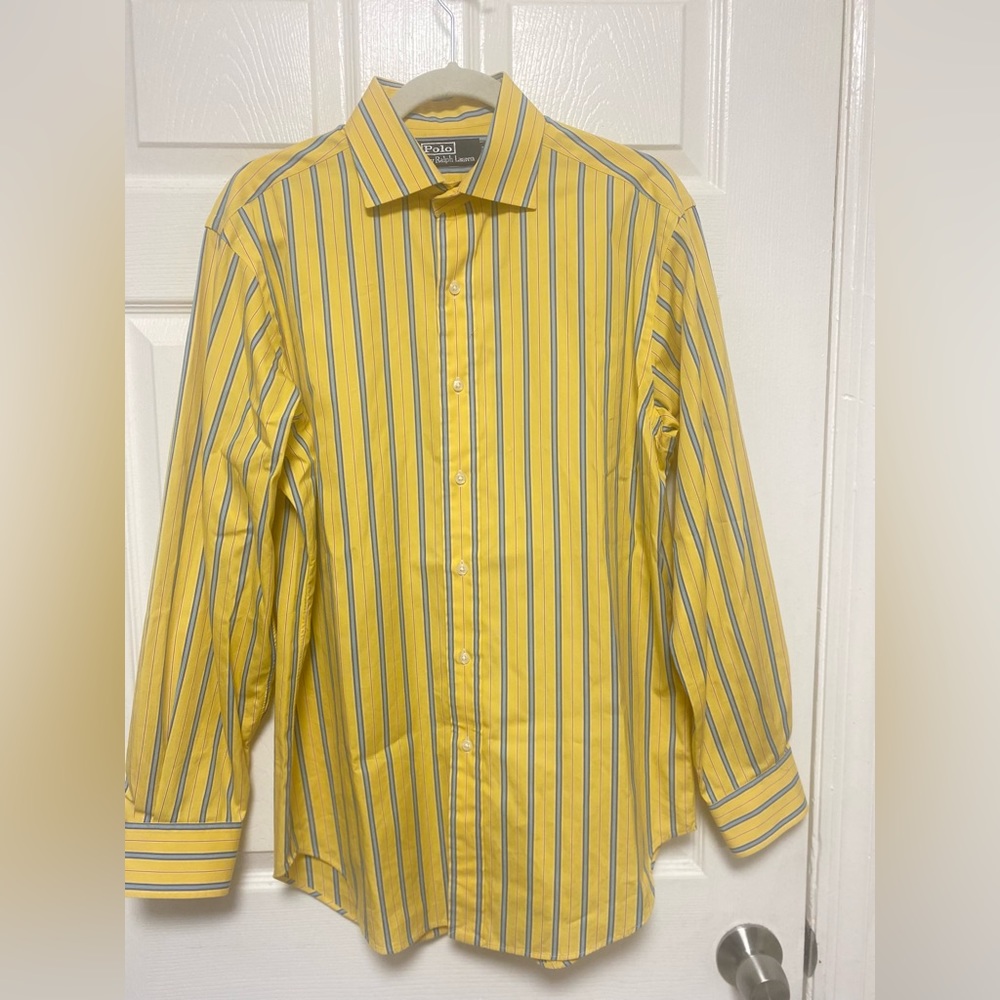 Polo Ralph Lauren Mens Shirt Yellow Blue Striped Long Sleeve.Size 15 1/2